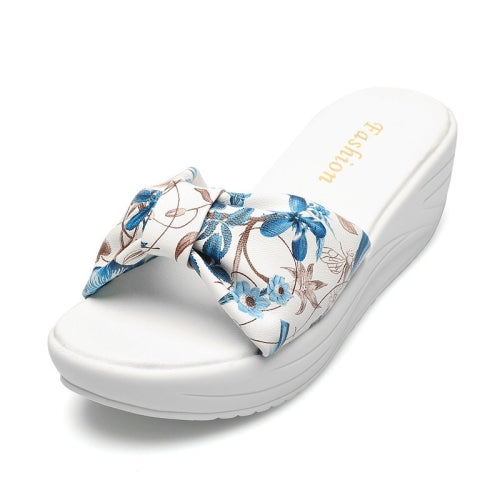 Bowknot Print Thick Bottom Increased Wedge Slippers Sandals for Women (Color:Blue Size:36)