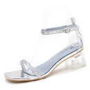 Transparent Thick Heel High Heel Rhinestone Sequin Sandals for Women (Color:Silver Size:37)