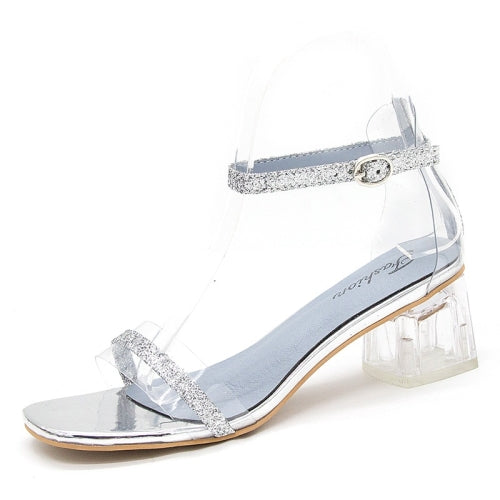 Transparent Thick Heel High Heel Rhinestone Sequin Sandals for Women (Color:Silver Size:37)