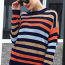 Striped Stitching Knit Sweater for Women (Color:Blue Size:L)