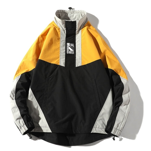 Color Matching Printed Stand Collar Pullover Casual Jacket for Men (Color:Yellow Size:M)