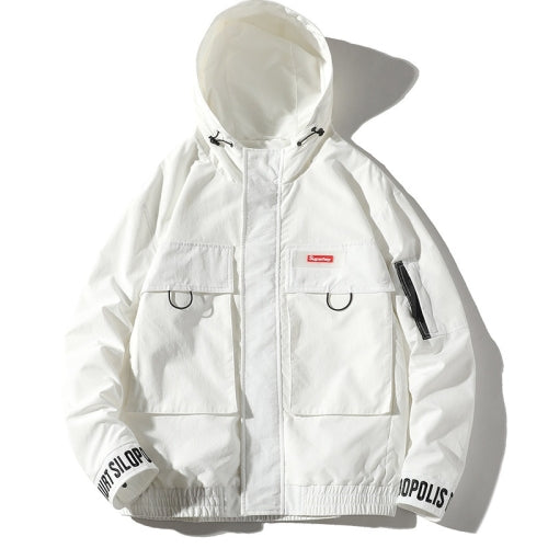 Hooded Loose Casual Coat Embroidery Tooling Jacket for Men (Color:White Size:M)