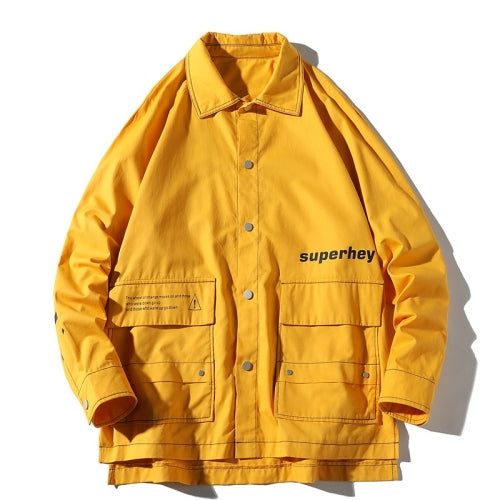 Letters Print Long Sleeve Coat Casual Jacket for Men (Color:Yellow Size:M)
