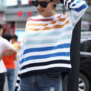 Women Color Striped Stitching Sweater Sweater (Color:Blue Size:S)