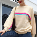Women Rainbow Striped Sweater (Color:Apricot Size:XL)