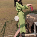Slim Shirt Long Sleeve Dress (Color:Green Size:S)