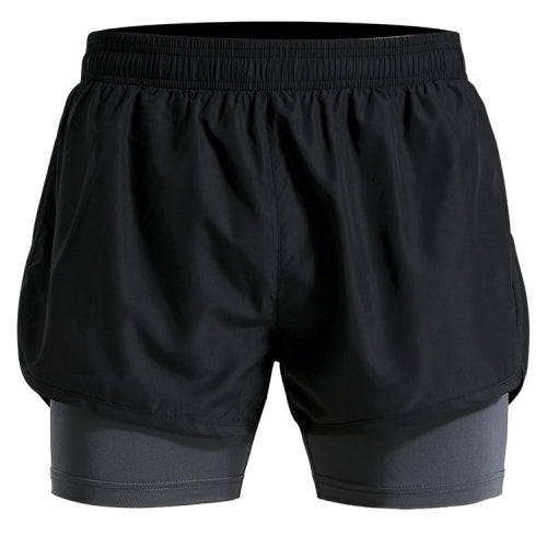 Men Fake Two-piece Sports Stretch Shorts (Color:Black Gray Size:M)