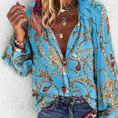 Women Printed Stand Collar Long Sleeve Casual Shirt (Color:Blue Size:XXXL)