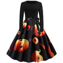 Halloween Long-sleeved Printed Large Swing Dress (Color:Black Size:L)