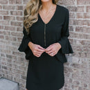 Sleeve Solid Color Loose Horn Sleeve Dress (Color:Black Size:S)