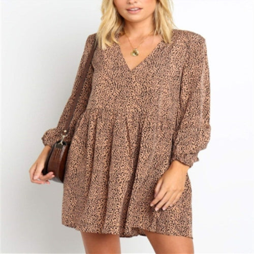 Autumn and Winter Leopard Small Point V-neck Casual Dress (Color:Khaki Size:S)