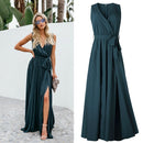 V-neck Mid-waist Sleeveless Dress Jumpsuit Dress (Color:As Show Size:M)