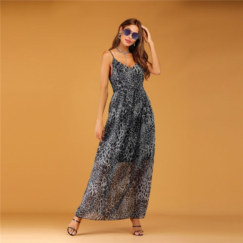 Leopard V-neck dress (Color:Blue Size:L)