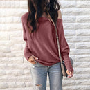 Long Sleeve Loose Printed One-shoulder Knit Shirt (Color:Pink Size:XXXXL)