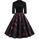 Sleeve Fashion Personality Printing Lapel Big Swing Dress (Color:Black Size:XXL)