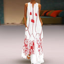 Sleeveless V-neck Printed Loose Beach Dress (Color:White Size:S)