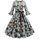 Retro Print Sleeve Round Neck Big Swing Dress with Belt (Color:Green Size:S)