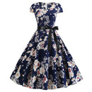 Summer Big Swing Print Dress (Color:Dark Blue Size:S)