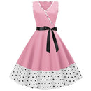 Retro Dot Summer Solid Color Stitching Big Swing Dress (Color:Pink Size:S)