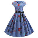 V-neck Fashion Printed Big Swing Dress (Color:Blue Size:XXL)