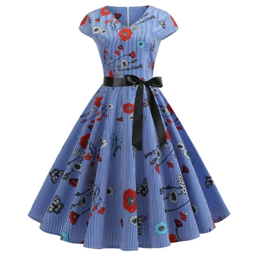 V-neck Fashion Printed Big Swing Dress (Color:Blue Size:XXL)