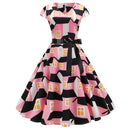 V-neck Fashion Printed Big Swing Dress (Color:Pink Size:M)