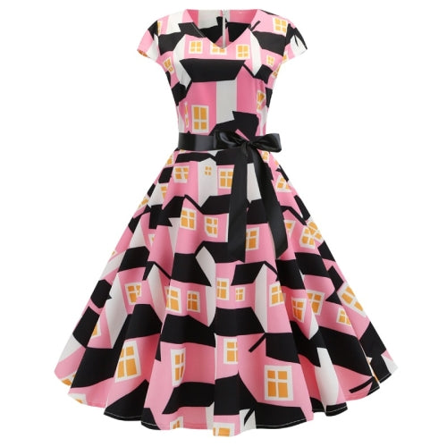 V-neck Fashion Printed Big Swing Dress (Color:Pink Size:M)