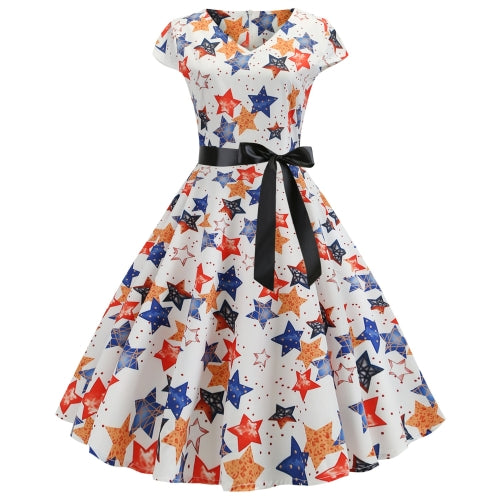 V-neck Fashion Printed Big Swing Dress (Color:White Size:XXL)