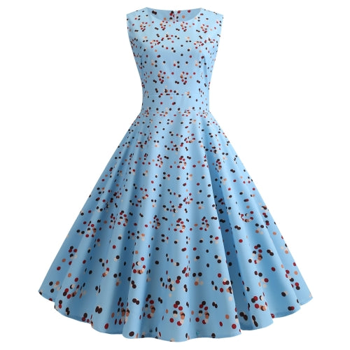 Retro Print Was Thin Waist Big Swing Dress Send Ribbon (Color:Blue Size:L)