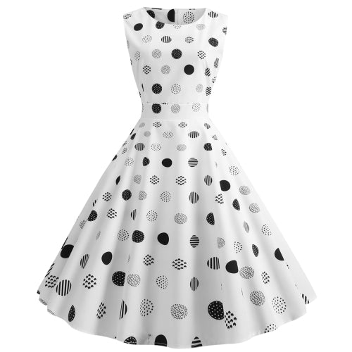 Retro Print Was Thin Waist Big Swing Dress (Color:White Size:M)