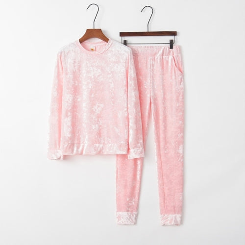 Diamond Velvet Casual Sports Women T-Shirt Suit (Color:Pink Size:S)