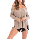 V-neck Off-the-shoulder Split Bat Sleeve Pullover (Color:Khaki Size:L)