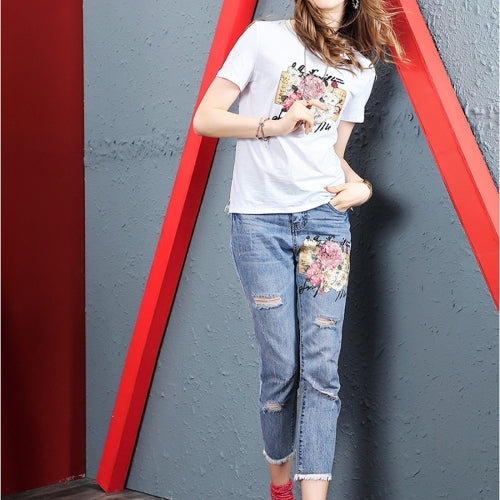 Beaded Slim Versatile Shredded Jeans (Color:As Show Size:S)
