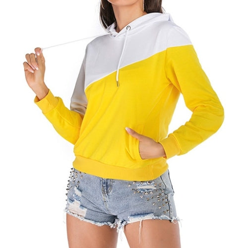 Hooded Stitching Contrast Long Women Sweatshirt (Color:Yellow Size:S)