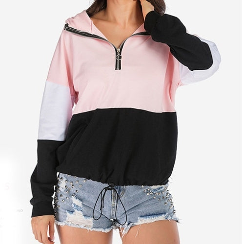 Contrast Zipper Hooded Women Sweatshirt (Color:Pink Size:S)