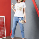 Swan Pattern Fashion Beaded Slim Versatile Shredded Jeans (Color:As Show Size:S)