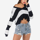 Wavy V-neck Striped Sweater (Color:Blue Size:S)