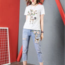 Fashion Beaded Slim Versatile Shredded Jeans (Color:As Show Size:XL)