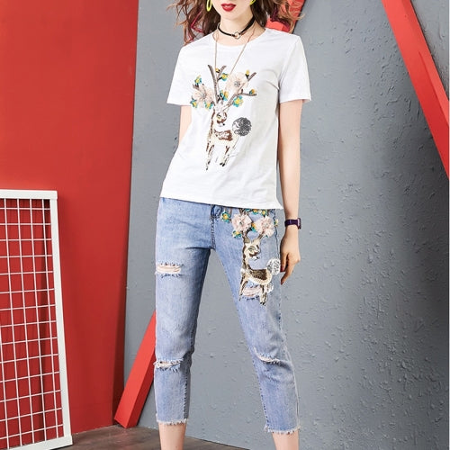 Fashion Beaded Slim Versatile Shredded Jeans (Color:As Show Size:XL)