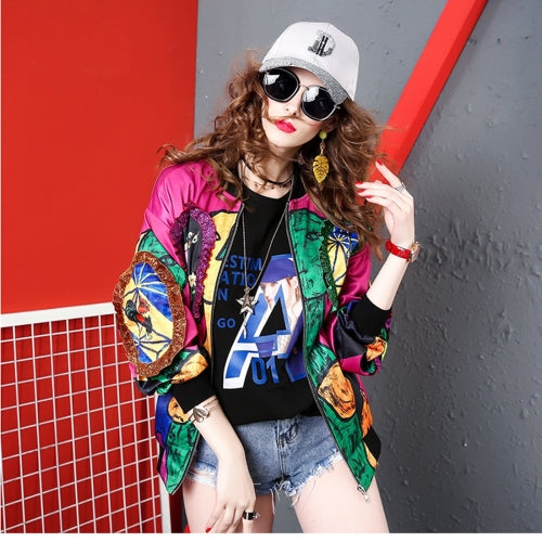 Printed Long-sleeved Jacket Loose Baseball Sportswear Coat (Color:As Show Size:M)