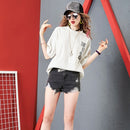 Embroidered Sequins Loose Ageing Wild Denim Shorts Jeans (Color:Black Size:S)