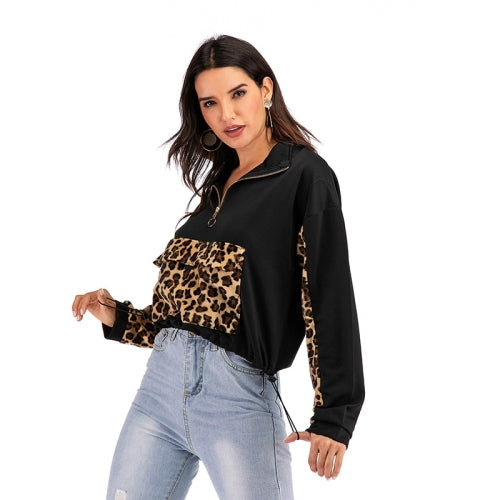 Stitching Leopard Print Long-sleeved Casual Sweatershirt (Color:Black Size:S)
