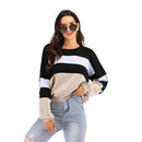 Round Neck Loose Color Matching Casual Long-sleeved Knitted Sweater (Color:As Show Size:S)