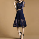 Sleeve Slim Thin Hollow Long Section A Dress(Color:Navy Blue Size:One Size)