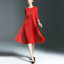 Sleeve Mesh Miyake Pressure Fold Dress Fake Two(Color:Red Size:One Size)