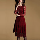 Lace wild Slim was thin Pleated Dress (Color:Wine Red Size:One Size)