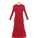 Pleated Long Section Was Thin Long-sleeved Dress (Color:Red Size:One Size)