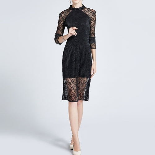 Fashion Simple Hollow Elastic Waist Pleated Dress(Color:Black Size:One Size)