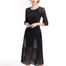 Slim Was Thin Hollow Net Yarn Lace Dress Folds(Color:Black Size:One Size)