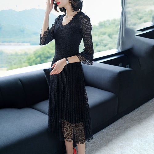 Fashion Style Long Sleeve Slim Lace Dress(Color:Black Size:One Size)